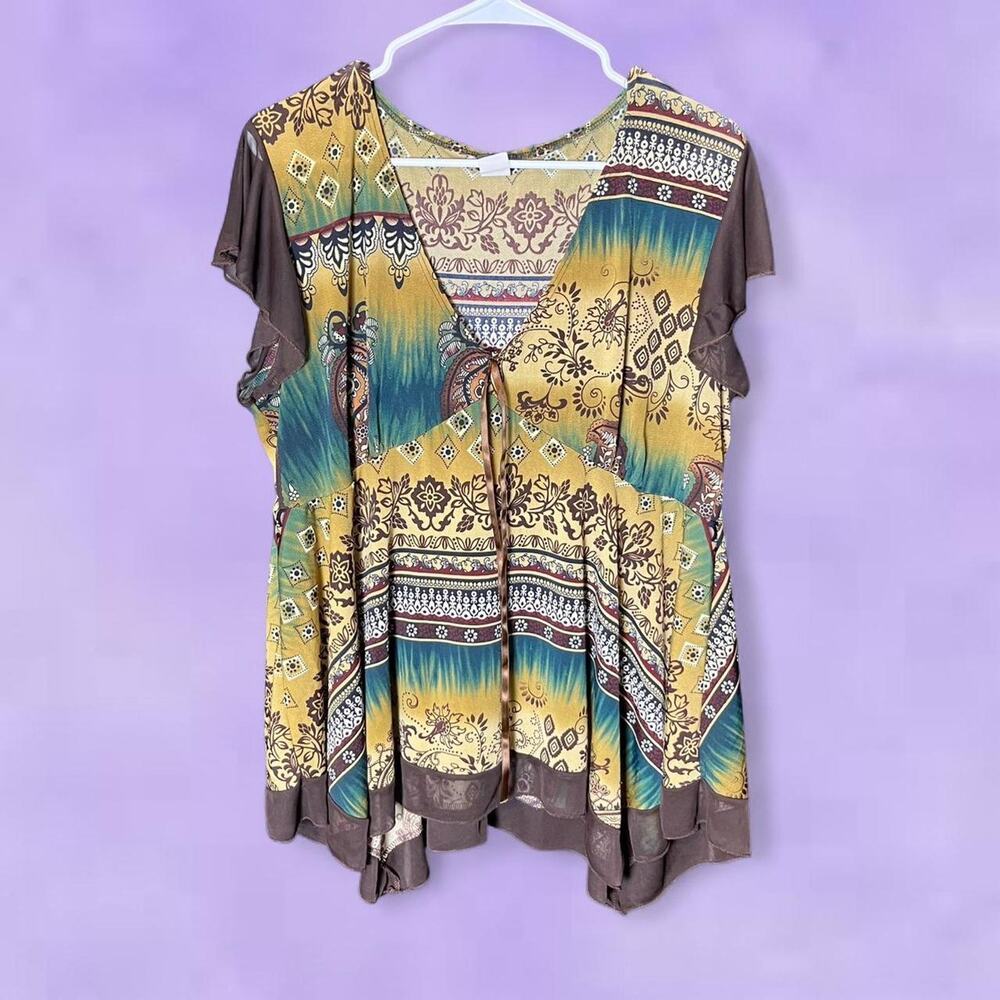 Y2k brown blue flowy top